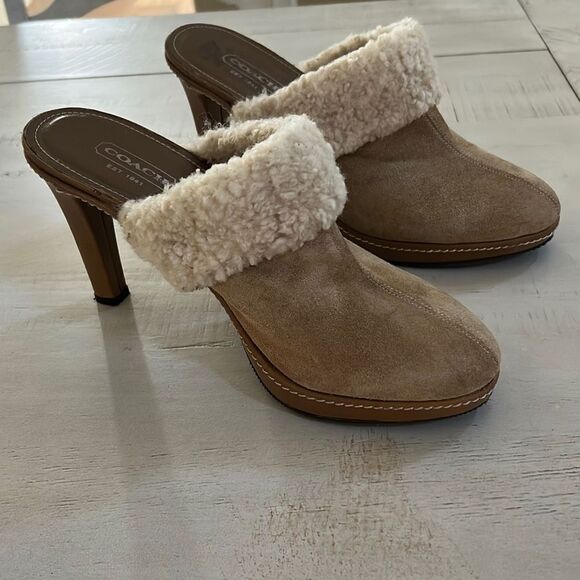 COACH Shearling Suede/Leather Clog Heels - Picture 4 of 12